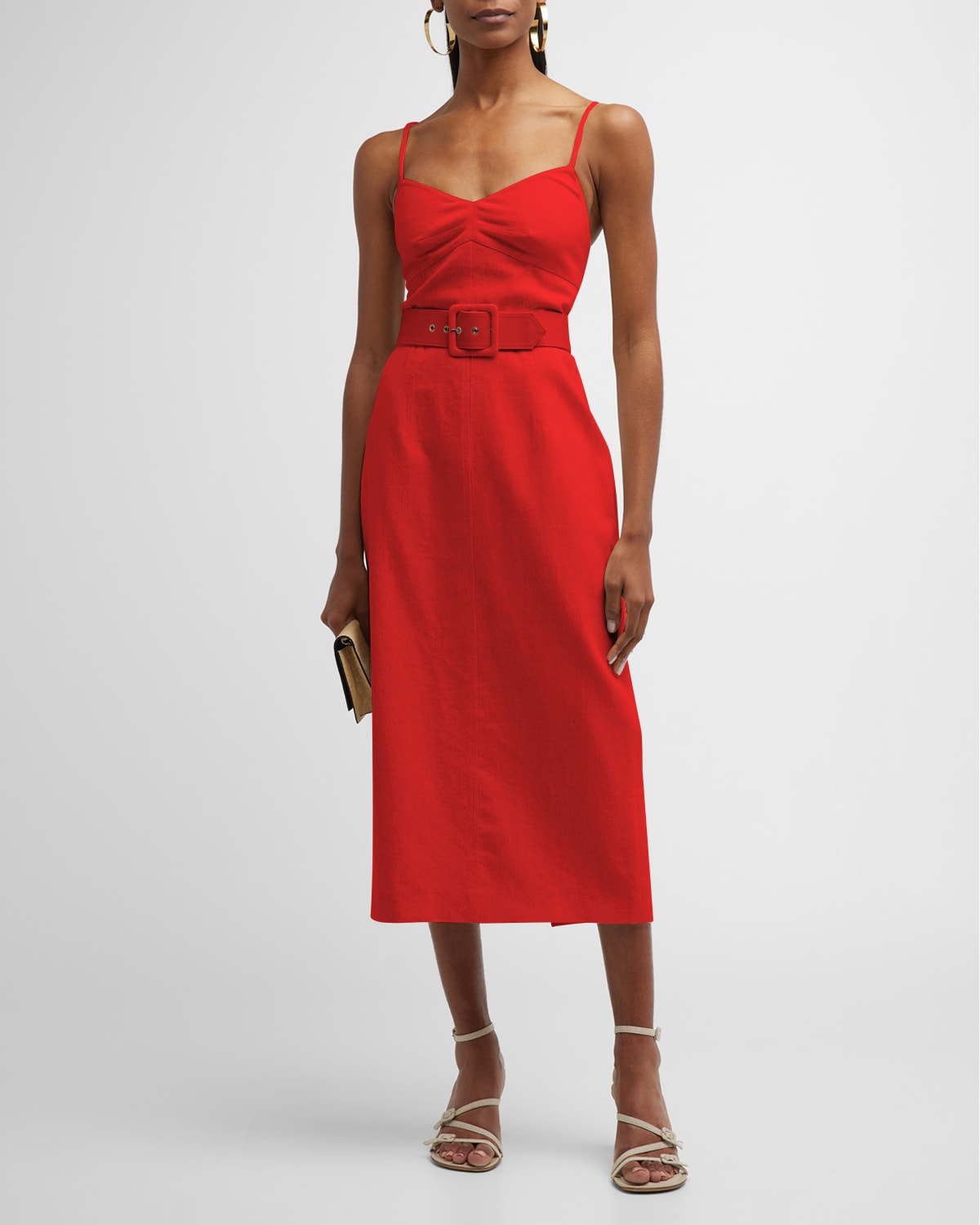 HALSTON ARYELLE SLEEVELESS BELTED LINEN MIDI DRESS