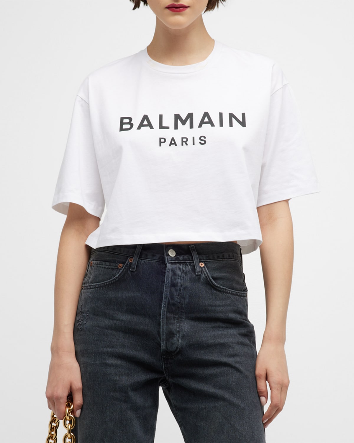 Shop Balmain Logo-print Crop T-shirt In White/blk