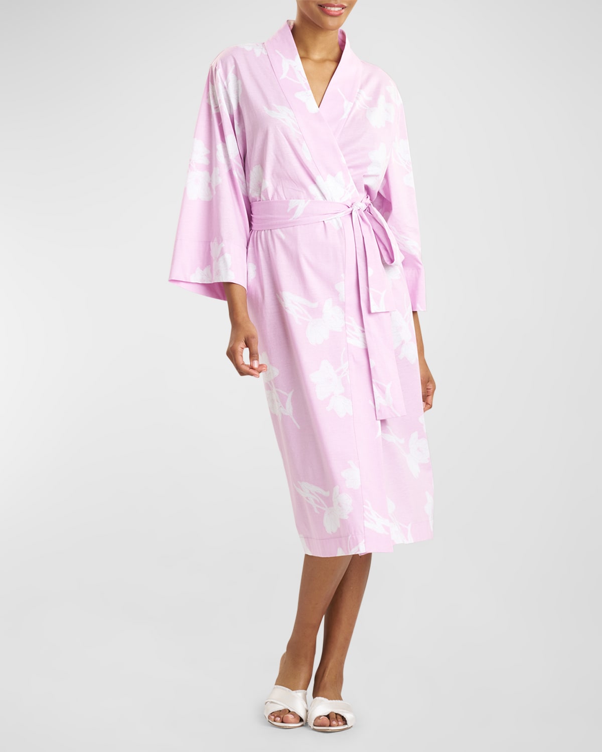 Shop Natori Hana Floral-print 3/4-sleeve Cotton Robe In Light Orchid