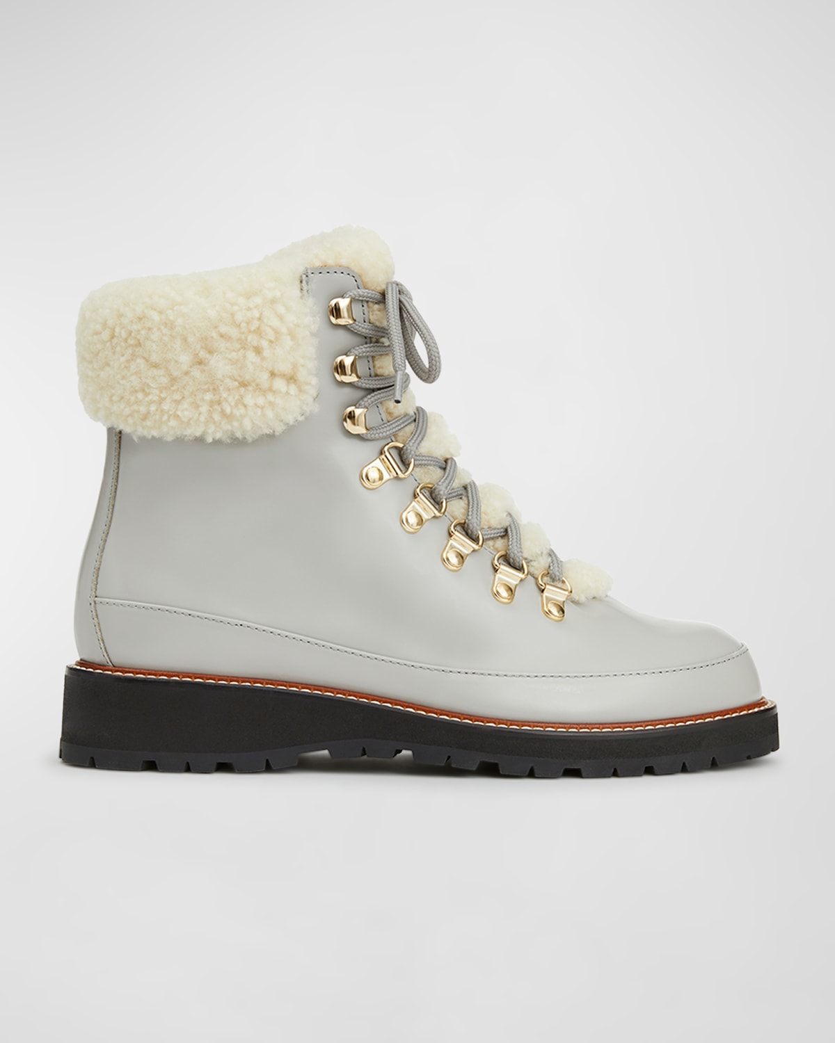 Brushed Leather Lace-Up Lug Sole Boots with Shearling