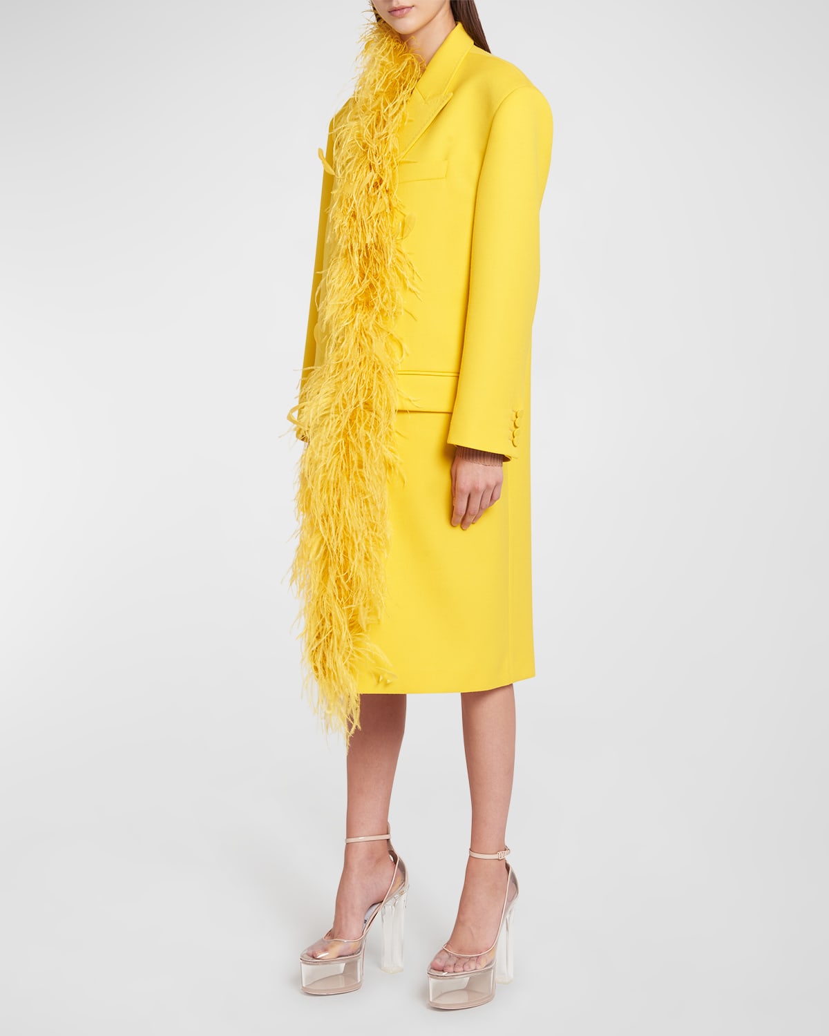 Valentino Wool Trench Coat With Feather Embroidery In Yellow Gold