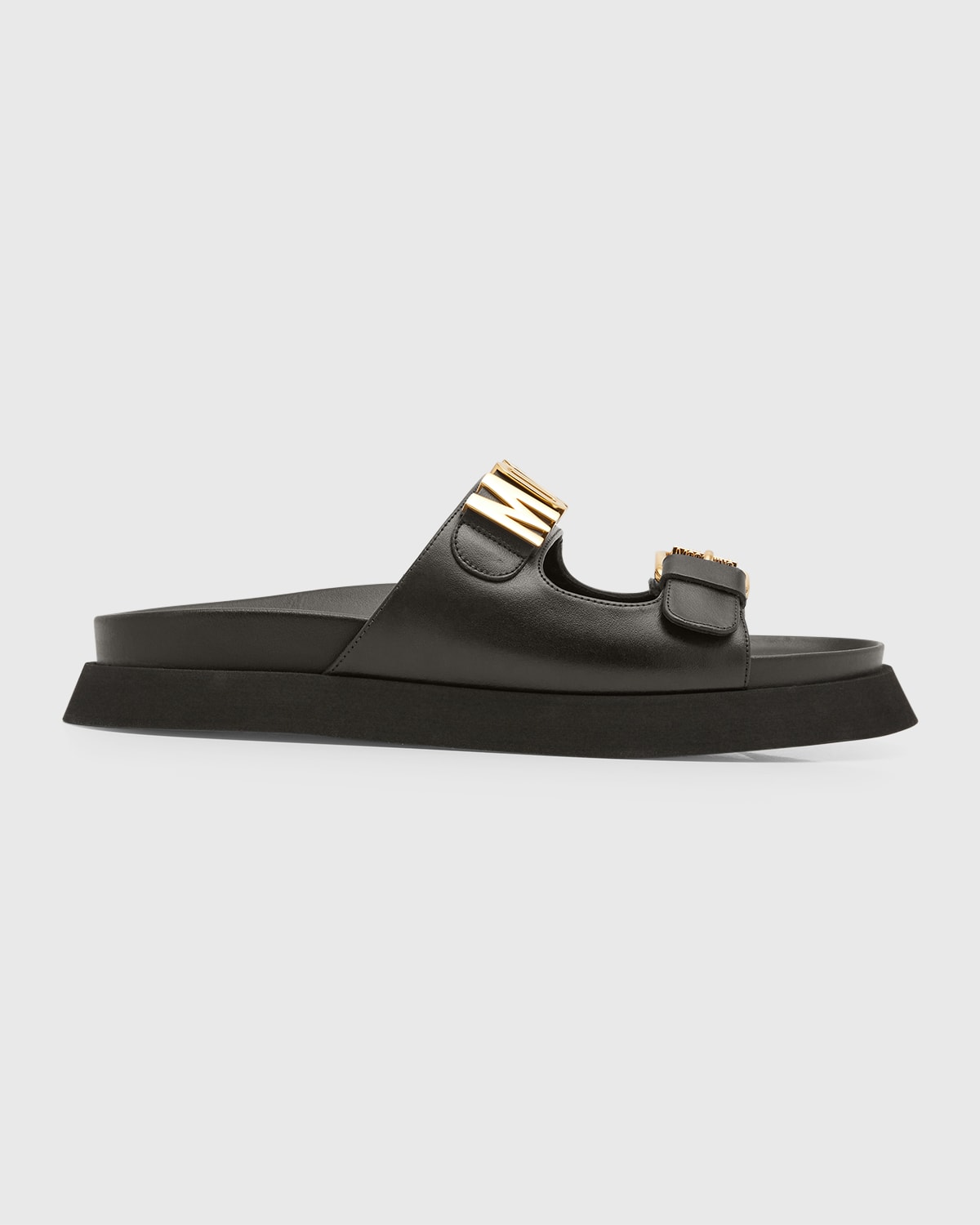 Shop Moschino Men's Buckle Logo Leather Sandals In Black