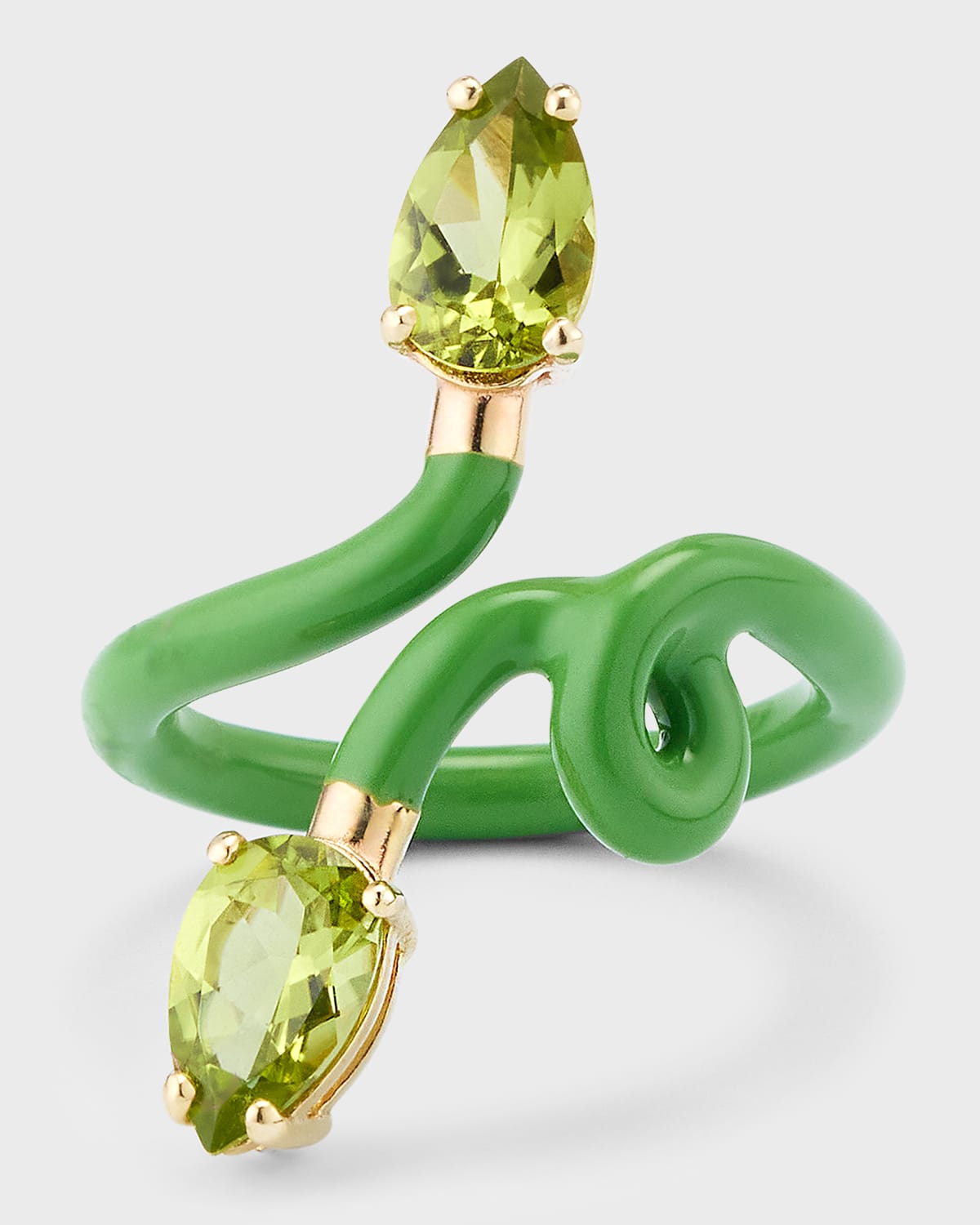 Bea Bongiasca Double Vine Tendril Ring With Green Enamel And Drop-cut Peridot