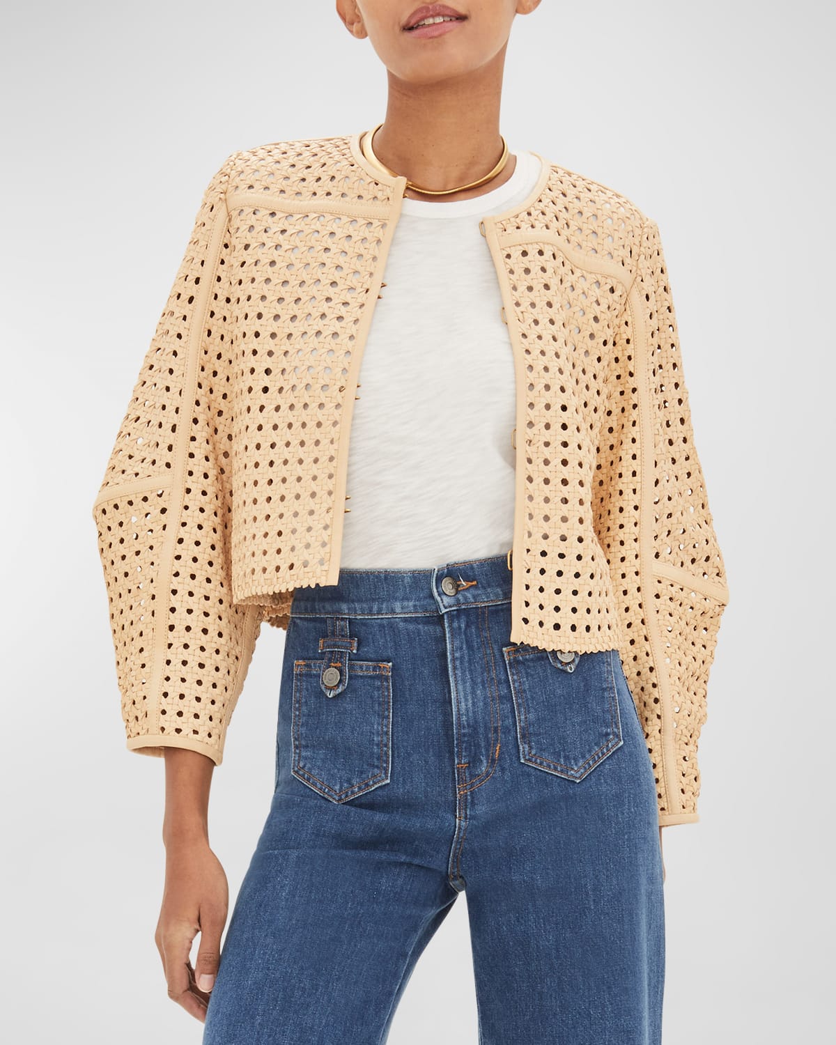 Veronica Beard Fio Woven Leather Jacket In Natural