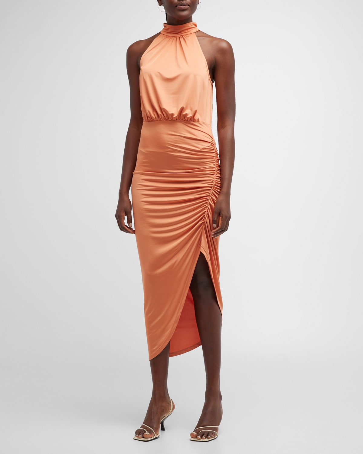 Veronica Beard Sylvie Ruched Halter Midi Dress In Coral