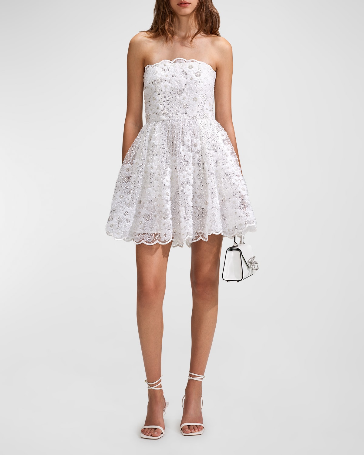Self-portrait White Crewneck Sleeveless Mini Dress With All-over Floral Embroidery And Maxi Bow On The Rear In Tec In White