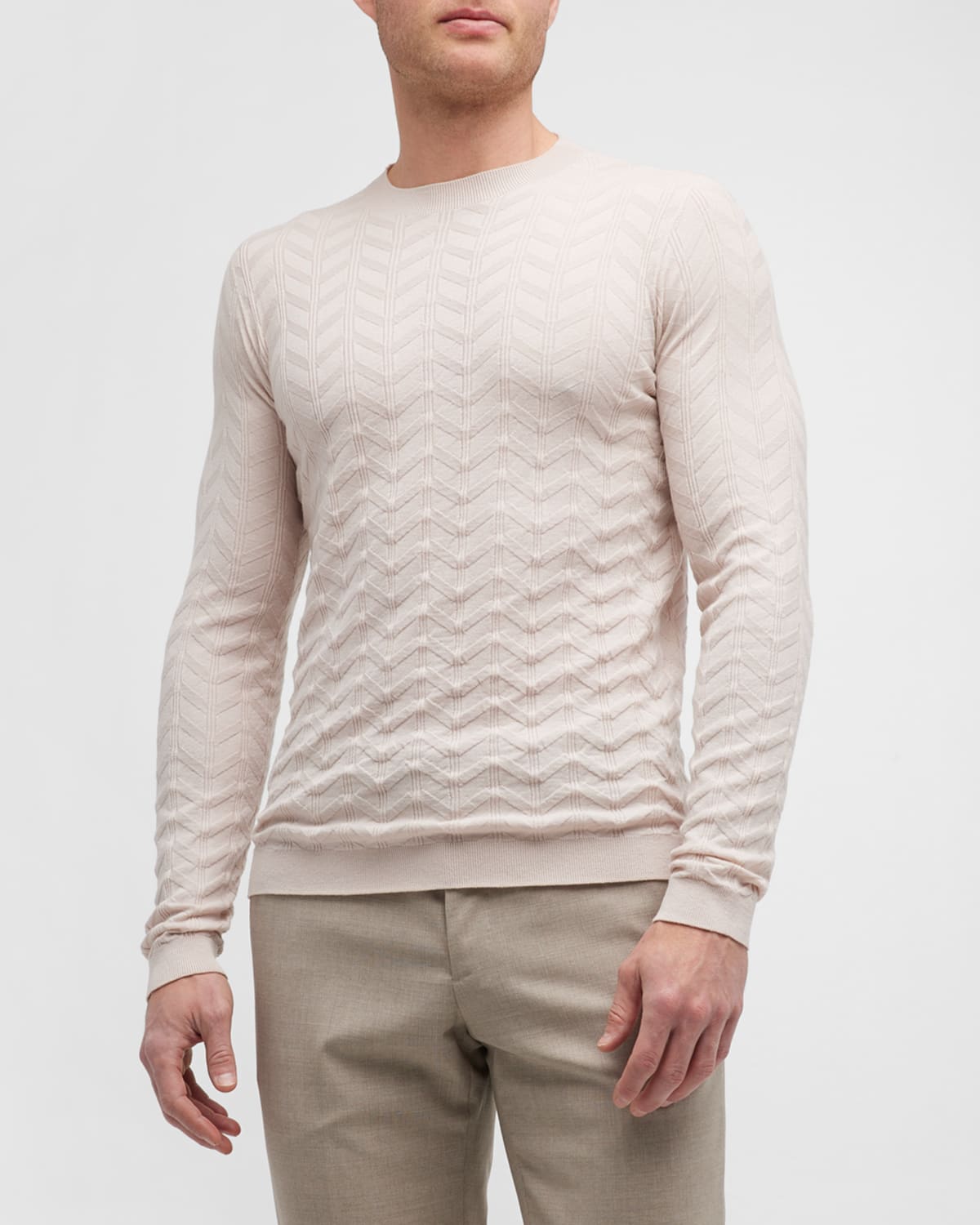 Giorgio Armani Men's Tonal Chevron Crewneck Sweater In Tan ModeSens