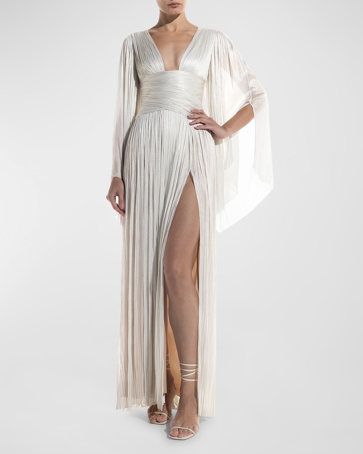 Maria Lucia Hohan Alana Metallic Plisse Thigh-slit Laced Gown In Light Gold