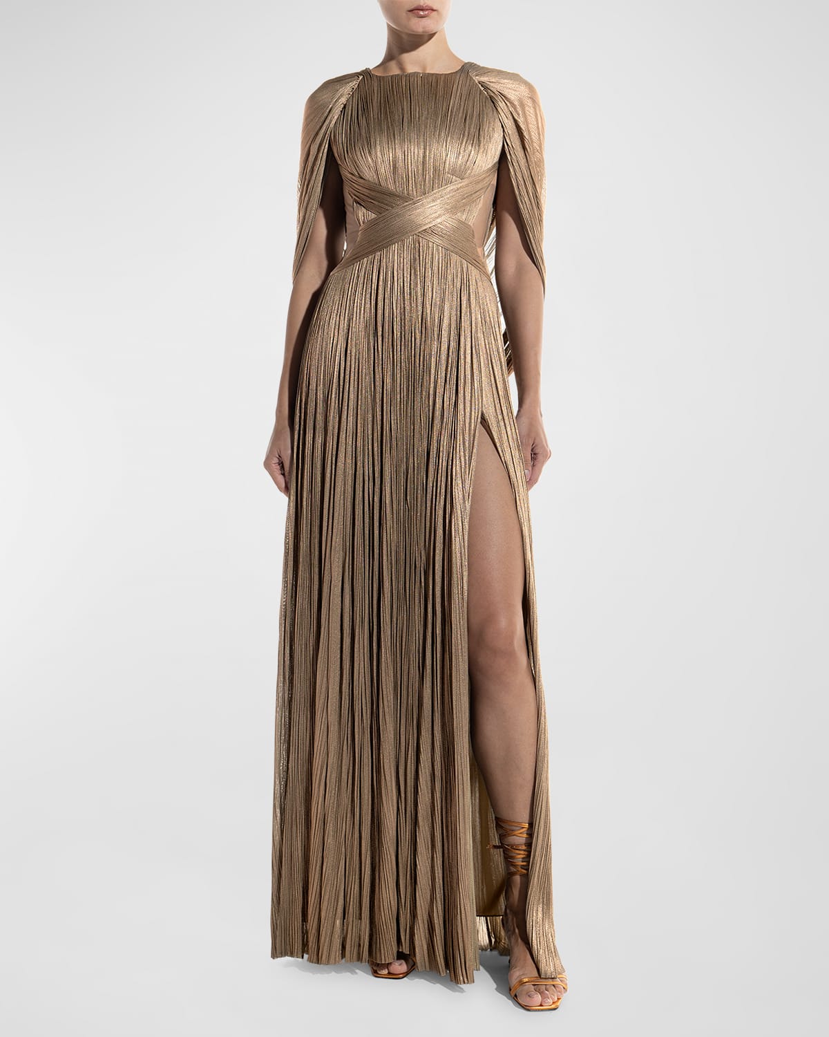 Lydia Cutout Metallic Plisse Draped Gown