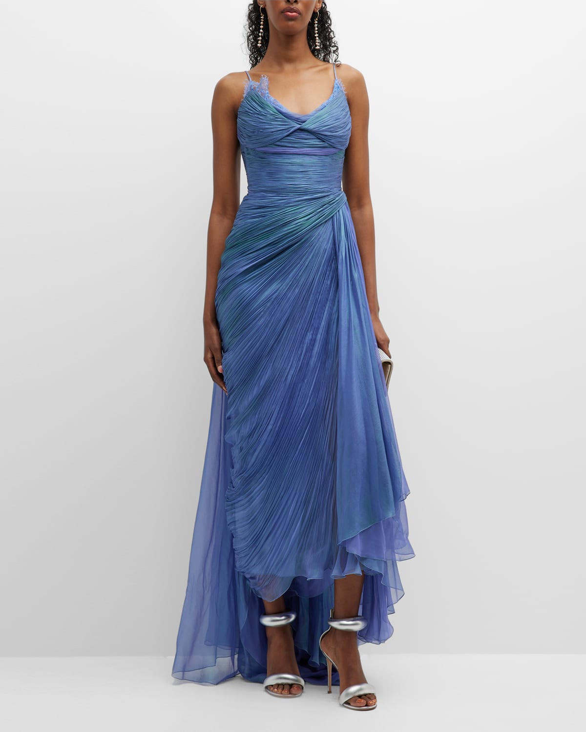 Maria Lucia Hohan Gracie Iridescent Plisse Draped Tea-length Gown In Blue