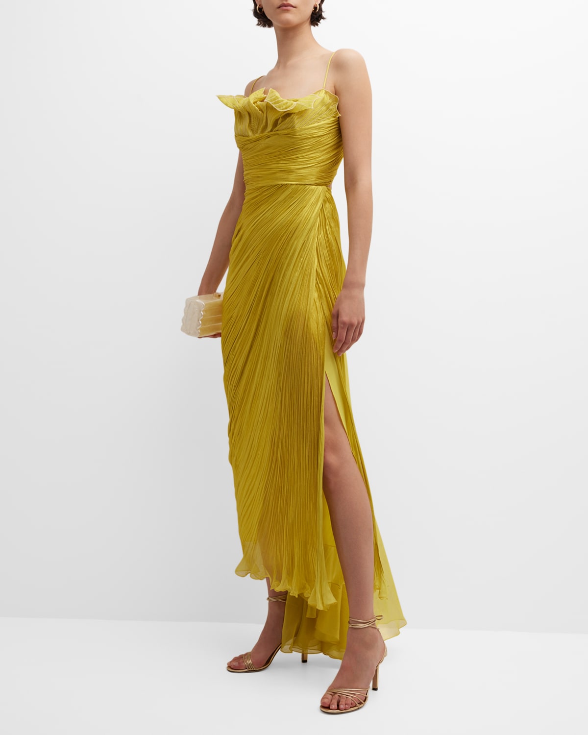 Aura Floral Embroidered Ruffle Draped Tea-Length Gown