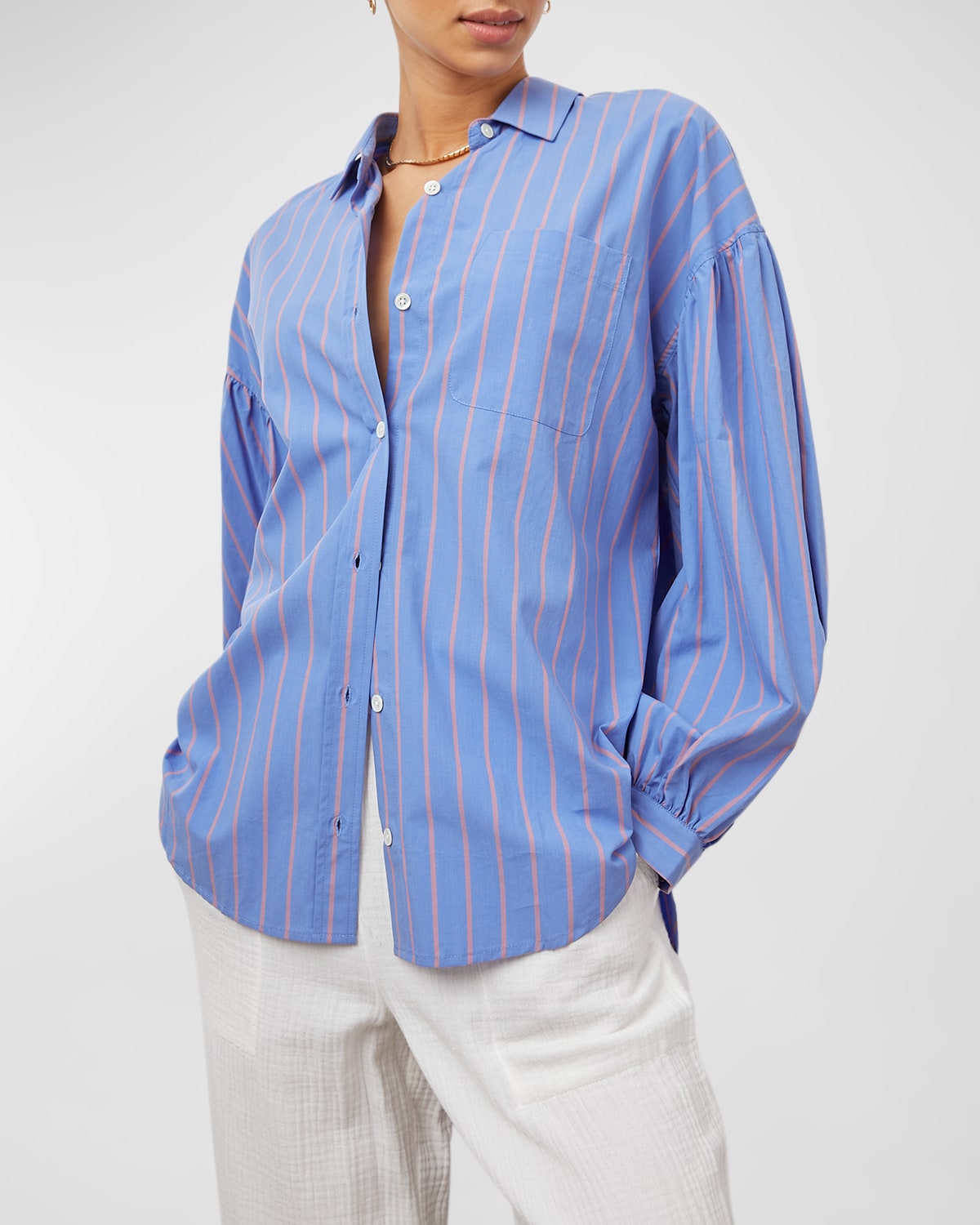 Janae Striped Balloon-Sleeve Button-Front Shirt