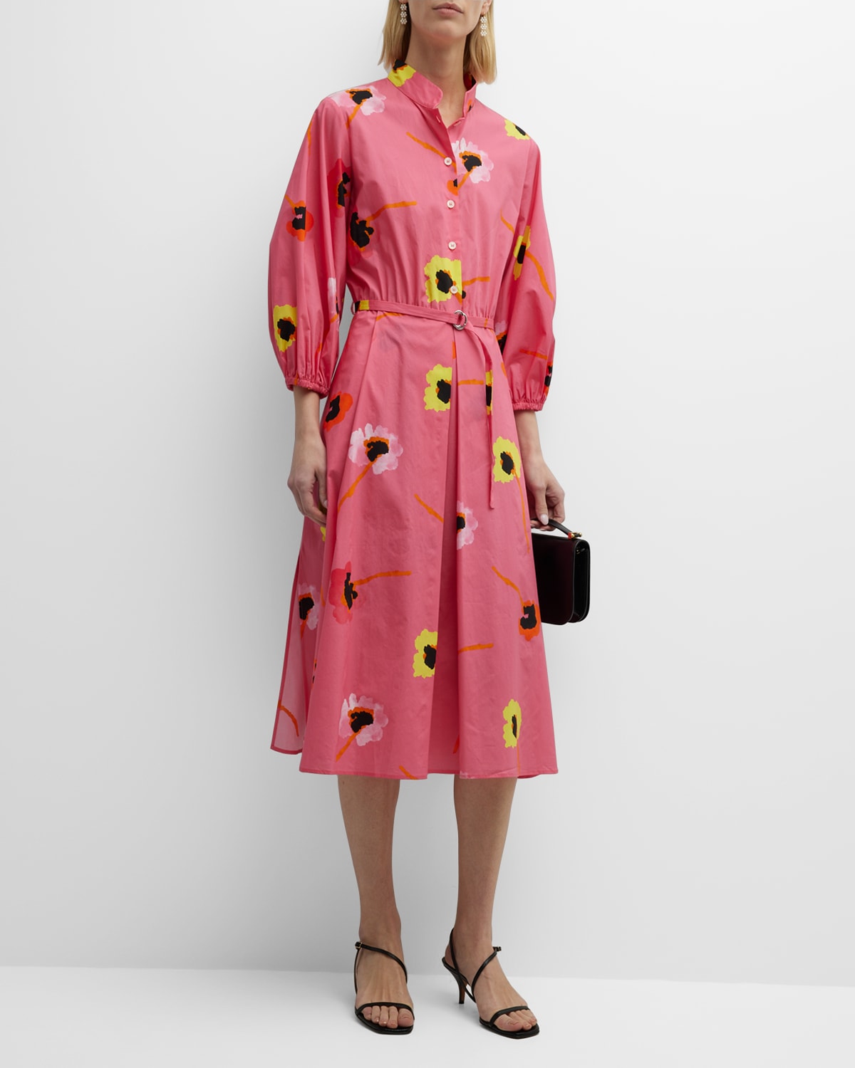 Floral-Print Belted Poplin Midi Shirtdress