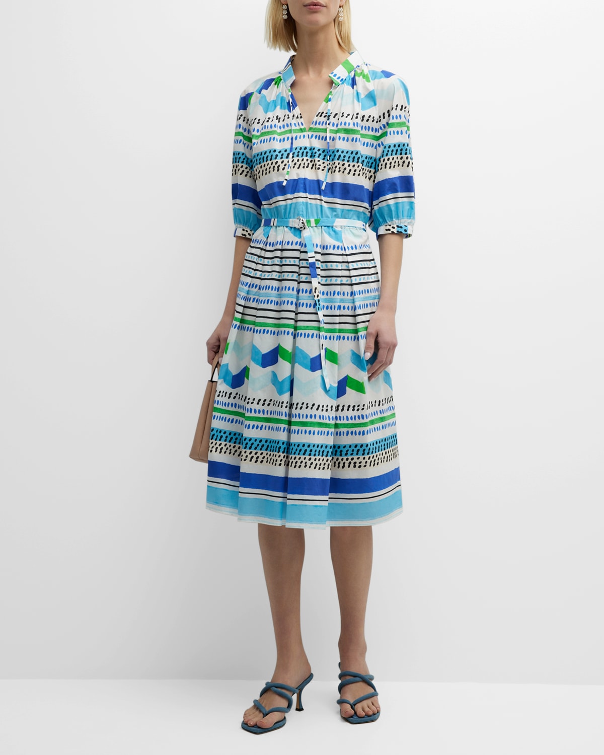 Abstract-Print Belted Fit-&-Flare Midi Shirtdress