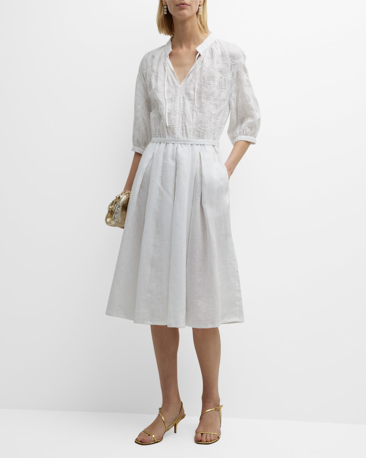 Embroidered Linen Gauze Fit-&-Flare Midi Shirtdress