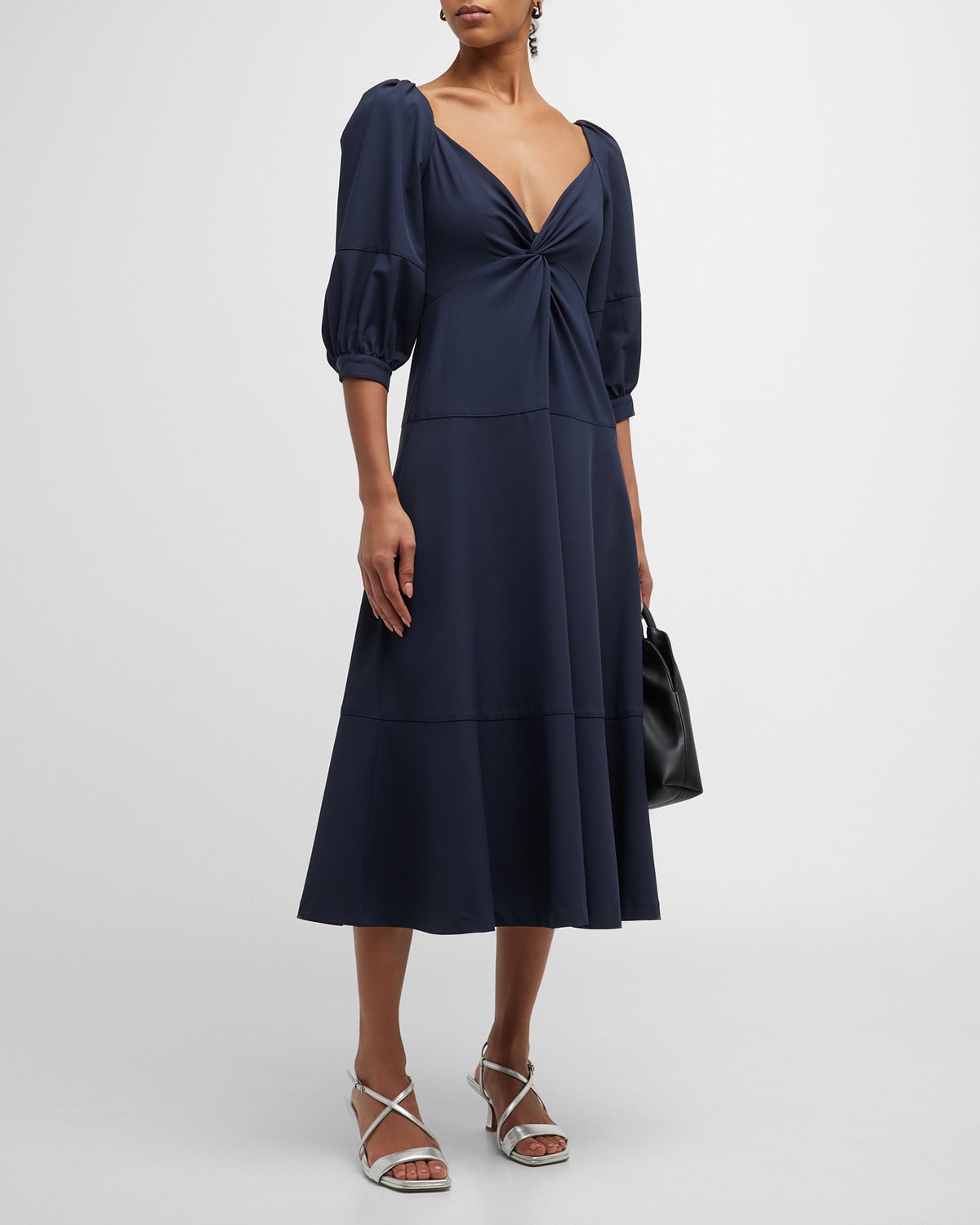 CINQ À SEPT KRISTINA V-NECK TWISTED-FRONT MIDI SILK DRESS