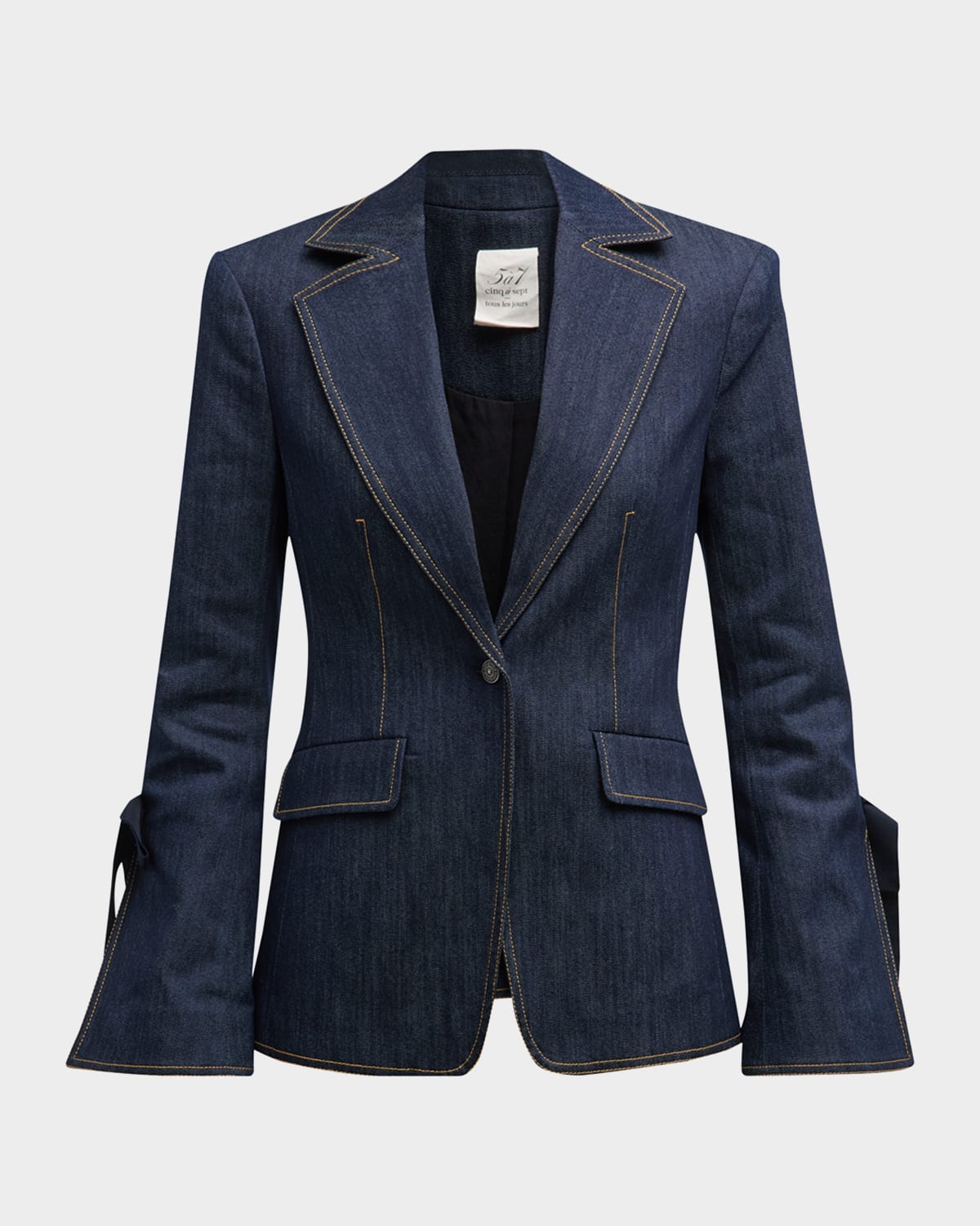 Shop Cinq À Sept Lou Tie-cuff Topstitched Denim Blazer In Indigo