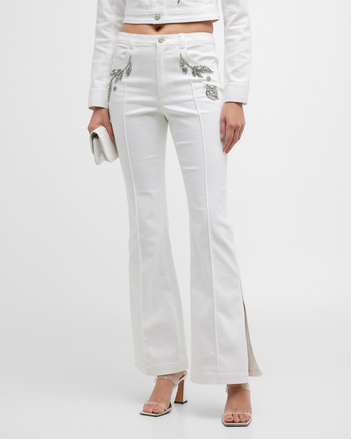 Cinq À Sept Haylie Crystal Floral Split-cuff Flared Pants In White