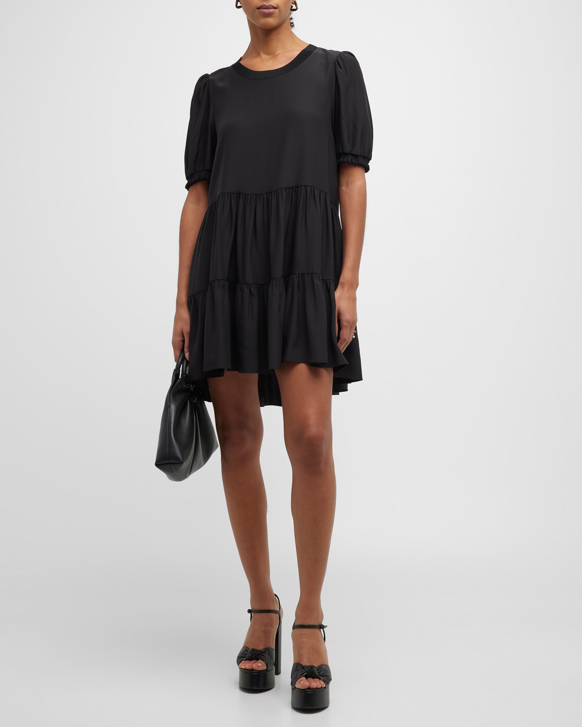Cinq  Sept Emalina Crewneck Tiered Mini Shift Dress In Black | ModeSens