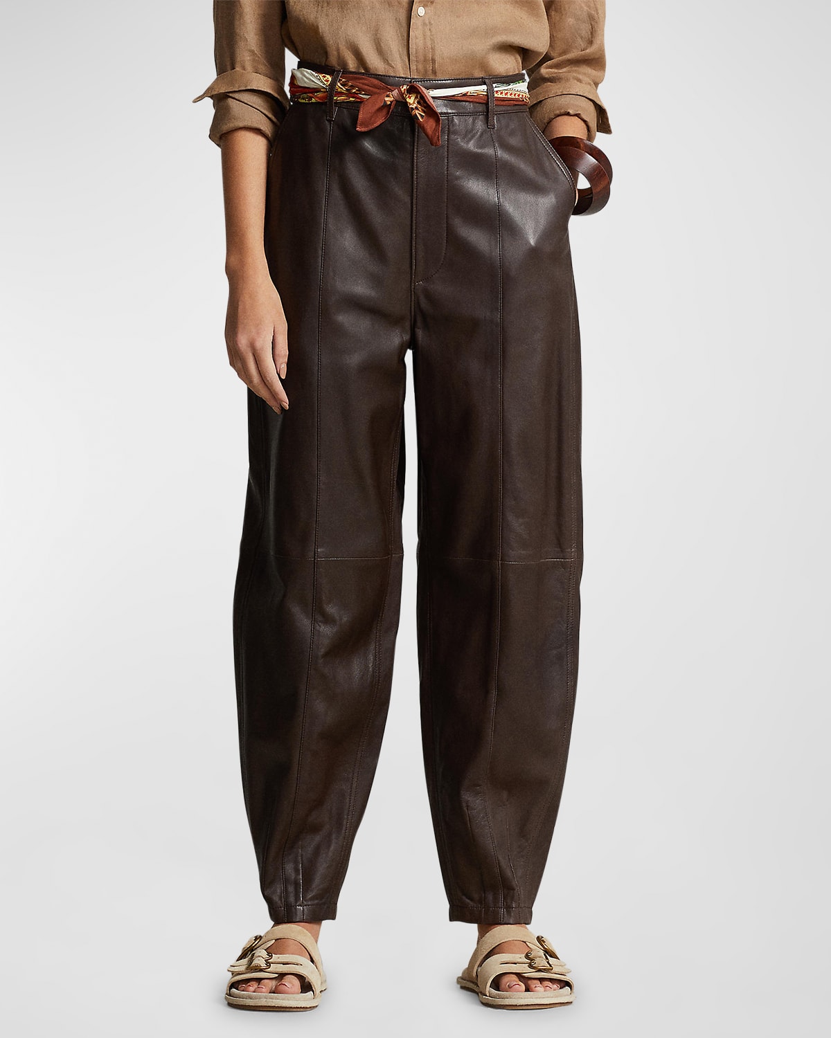Cropped Pleated Leather Pants