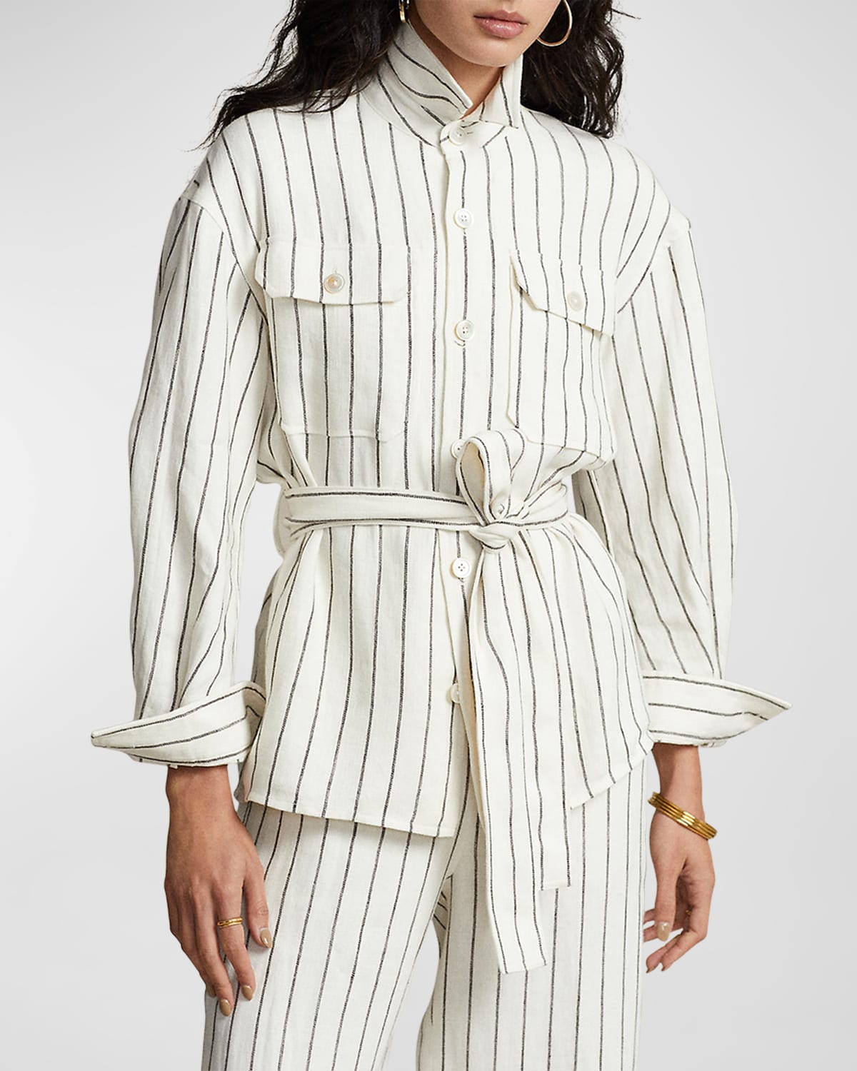 Polo Ralph Lauren Belted Striped Linen Utility Shirt In 1358 Cream Brown