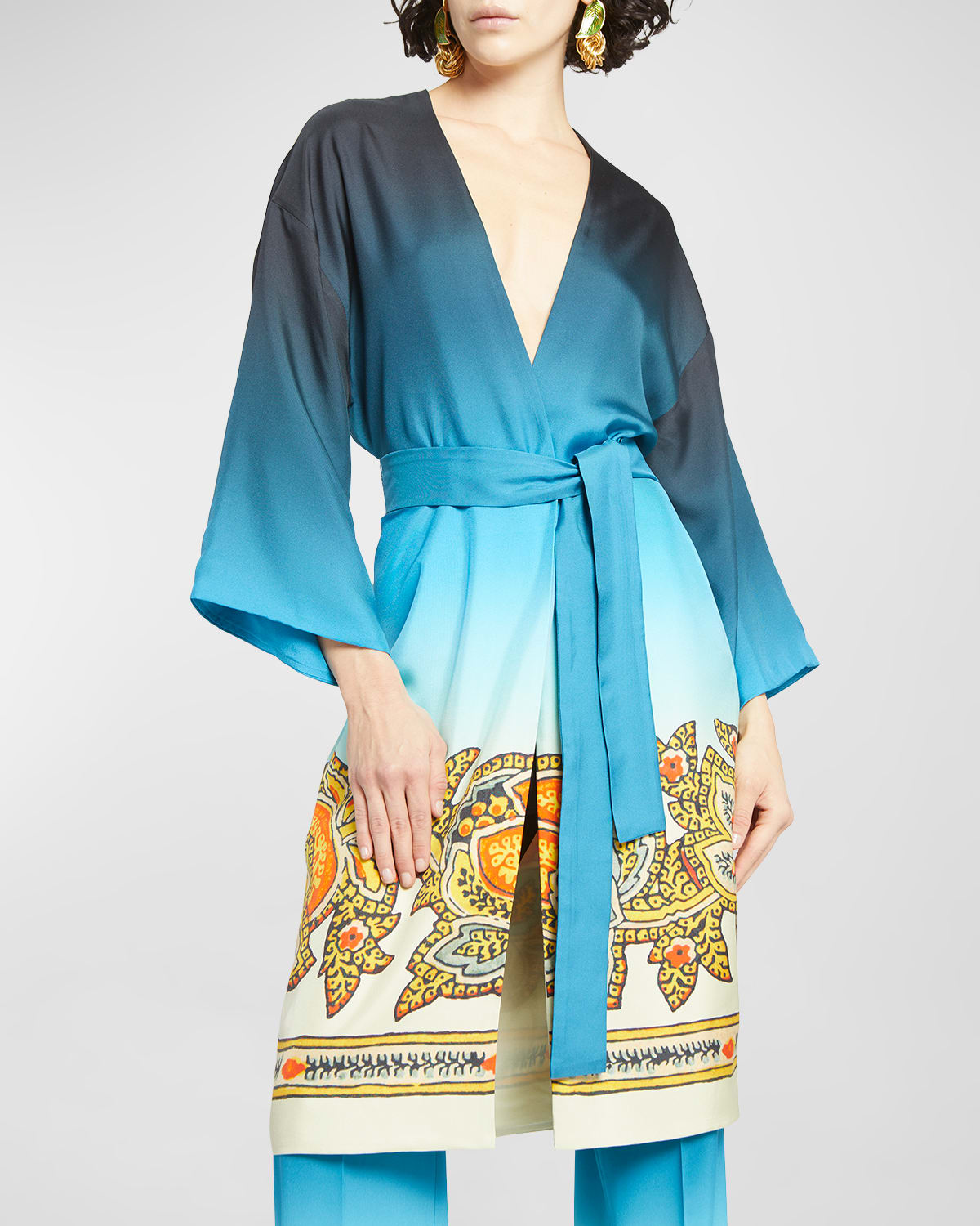 ETRO OMBRE FLORAL-PRINT SILK WRAP COAT