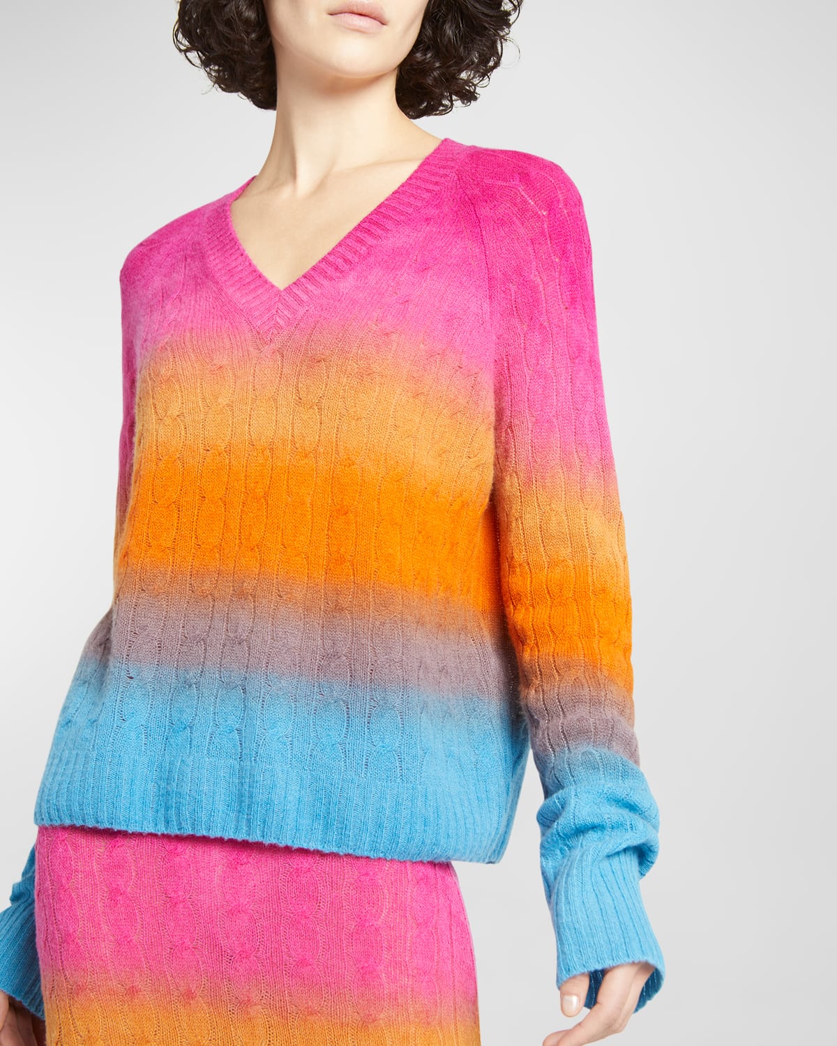 Ombre Cable-Knit V-Neck Sweater