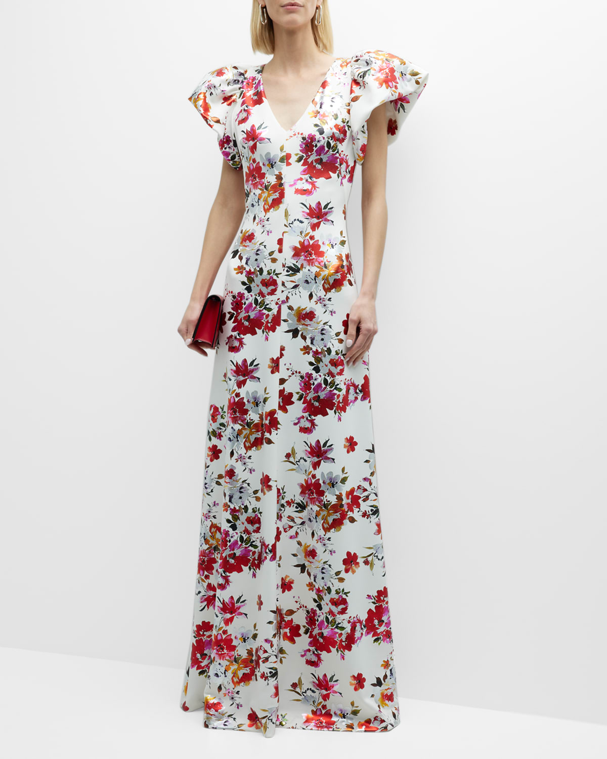 Floral-Print Puff-Sleeve Gown