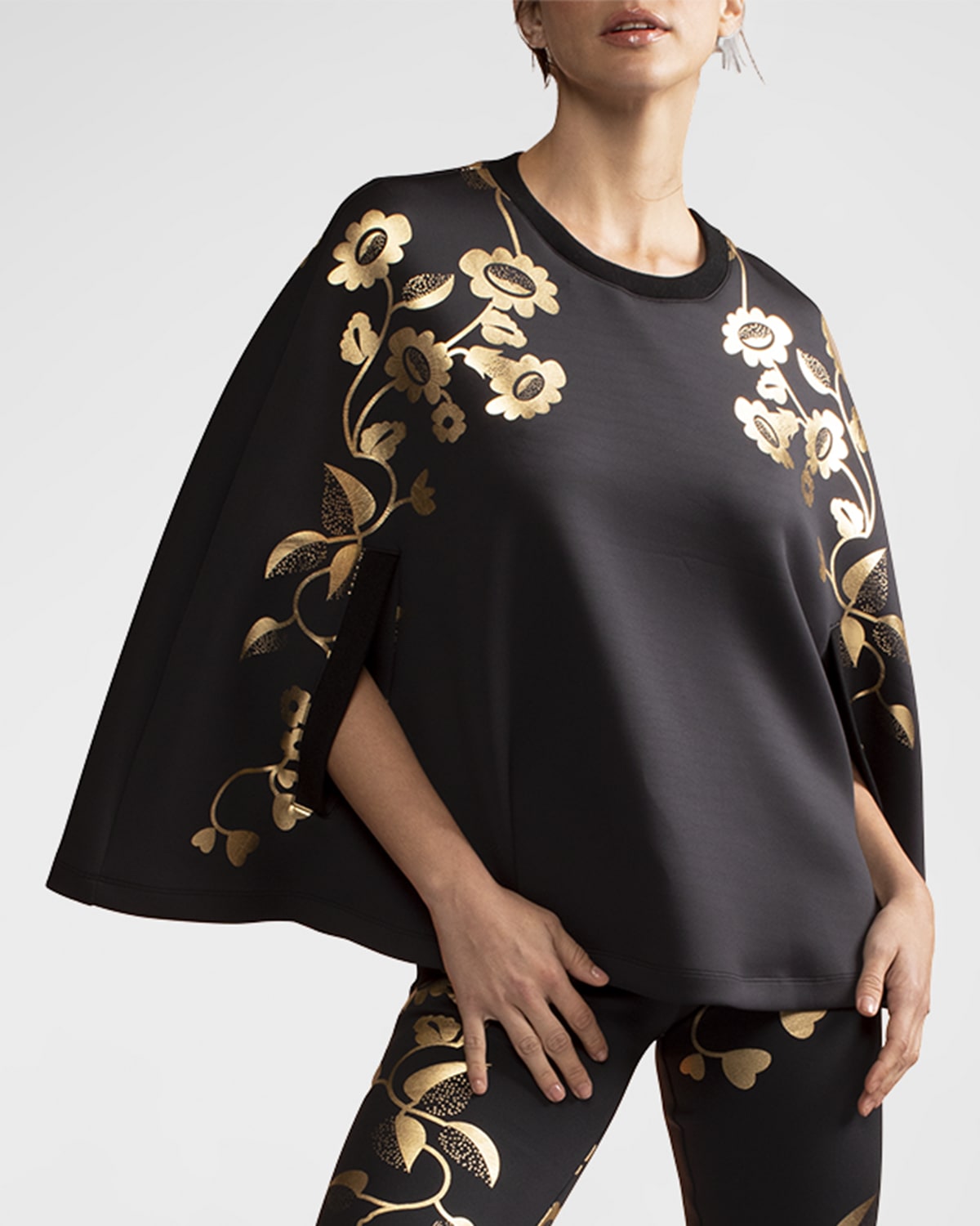 Bonded Metallic Floral-Print Capelet Pullover