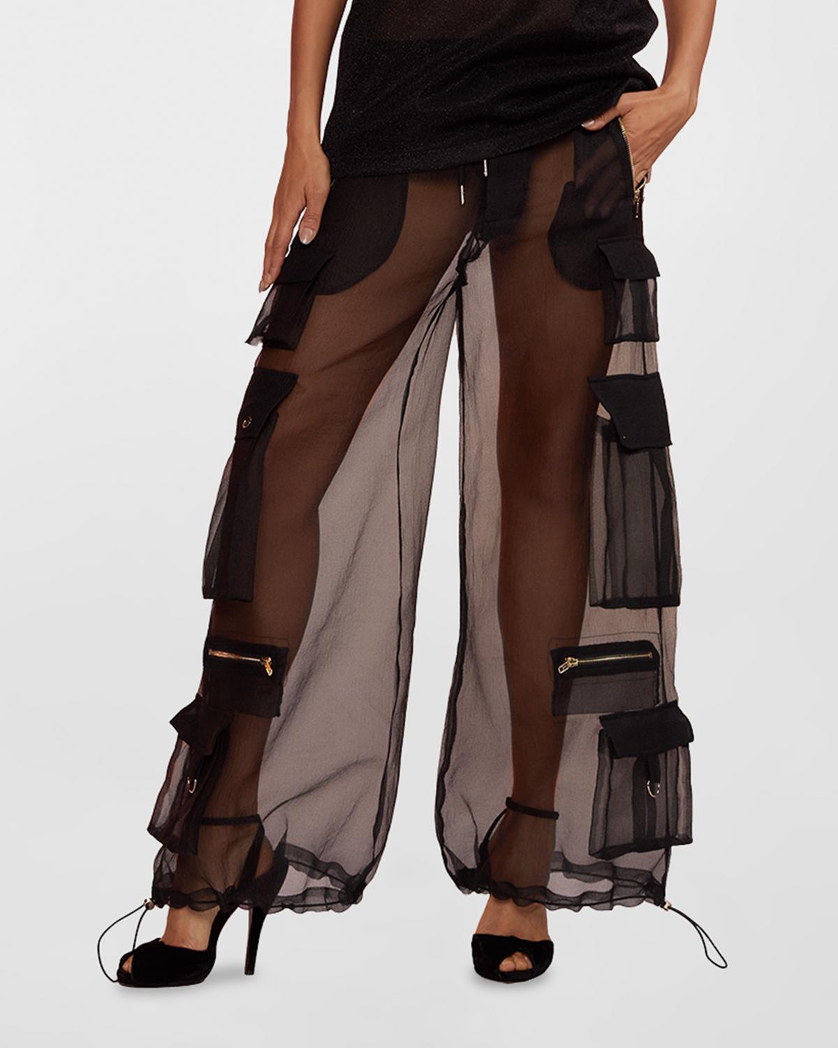 Cynthia Rowley Wide-leg Sheer Organza Cargo Pants In Black | ModeSens