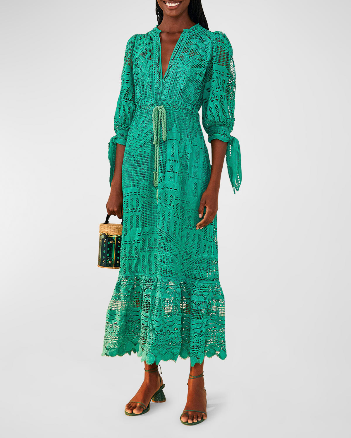 Farm Rio Morada Boa Guipure Lace Midi Dress In Green | ModeSens
