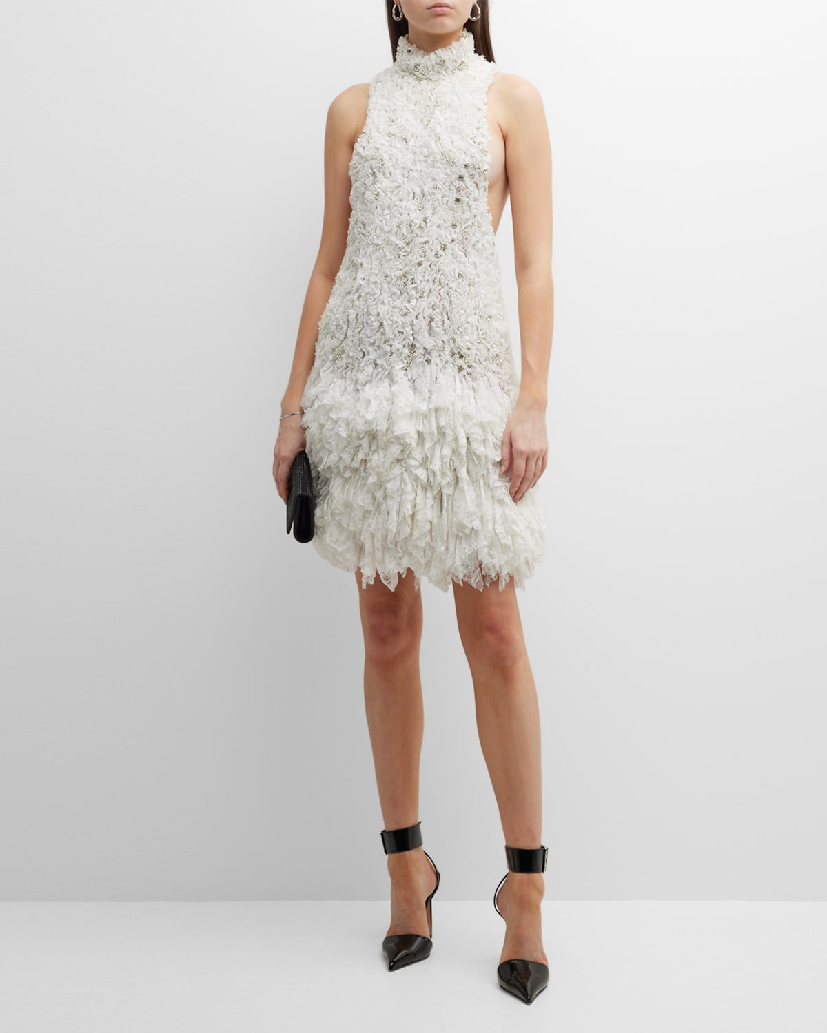 Aliétte Crystal Beaded Ruffle Halter Mini Dress In White