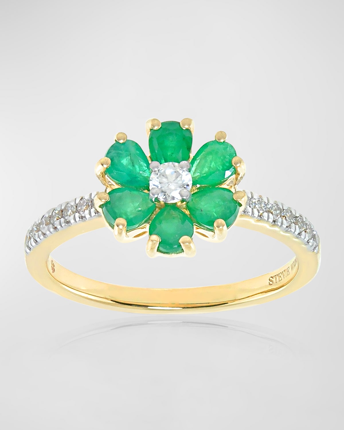 14k Gold Daisy Diamond and Emerald Ring