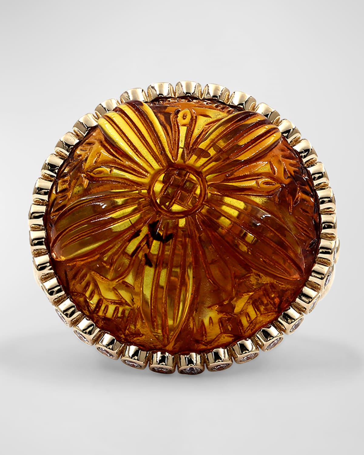Hand Carved Amber and Diamond Ring