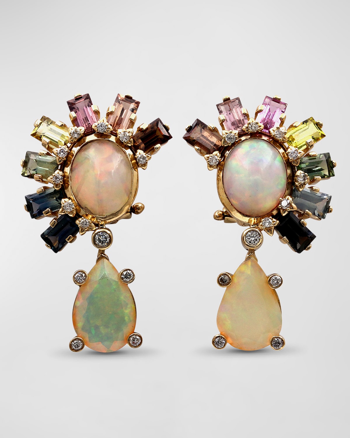 Opal, Multi-Hued Sapphire, and Diamond Earrings