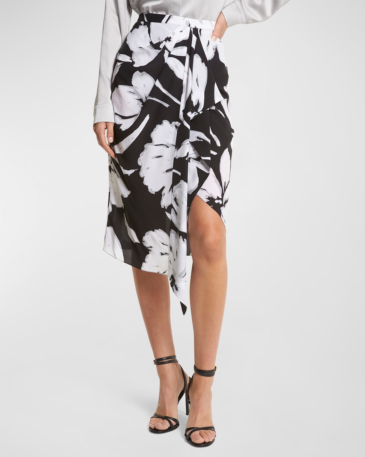 Michael Kors Brushstroke Floral Draped Panel Silk Crepe De Chine Skirt In Opt Whtbl