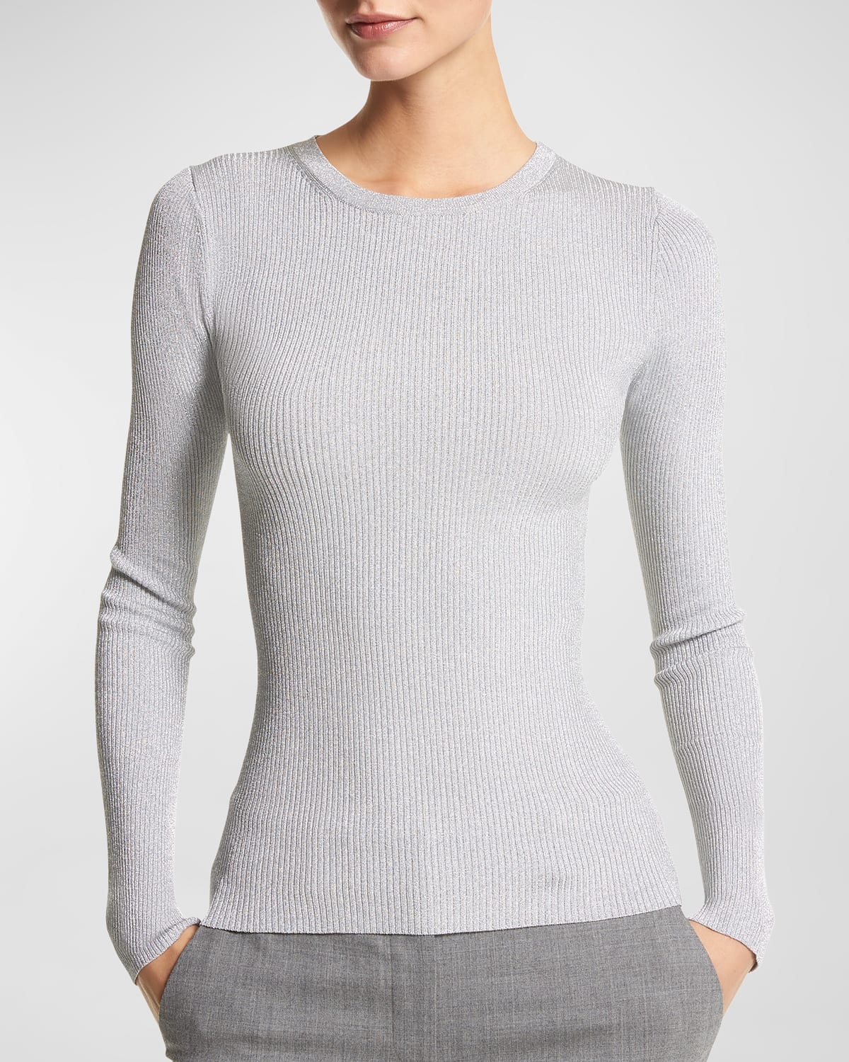 Michael Kors Metallic Rib Long-sleeve Crewneck Sweater In Silver