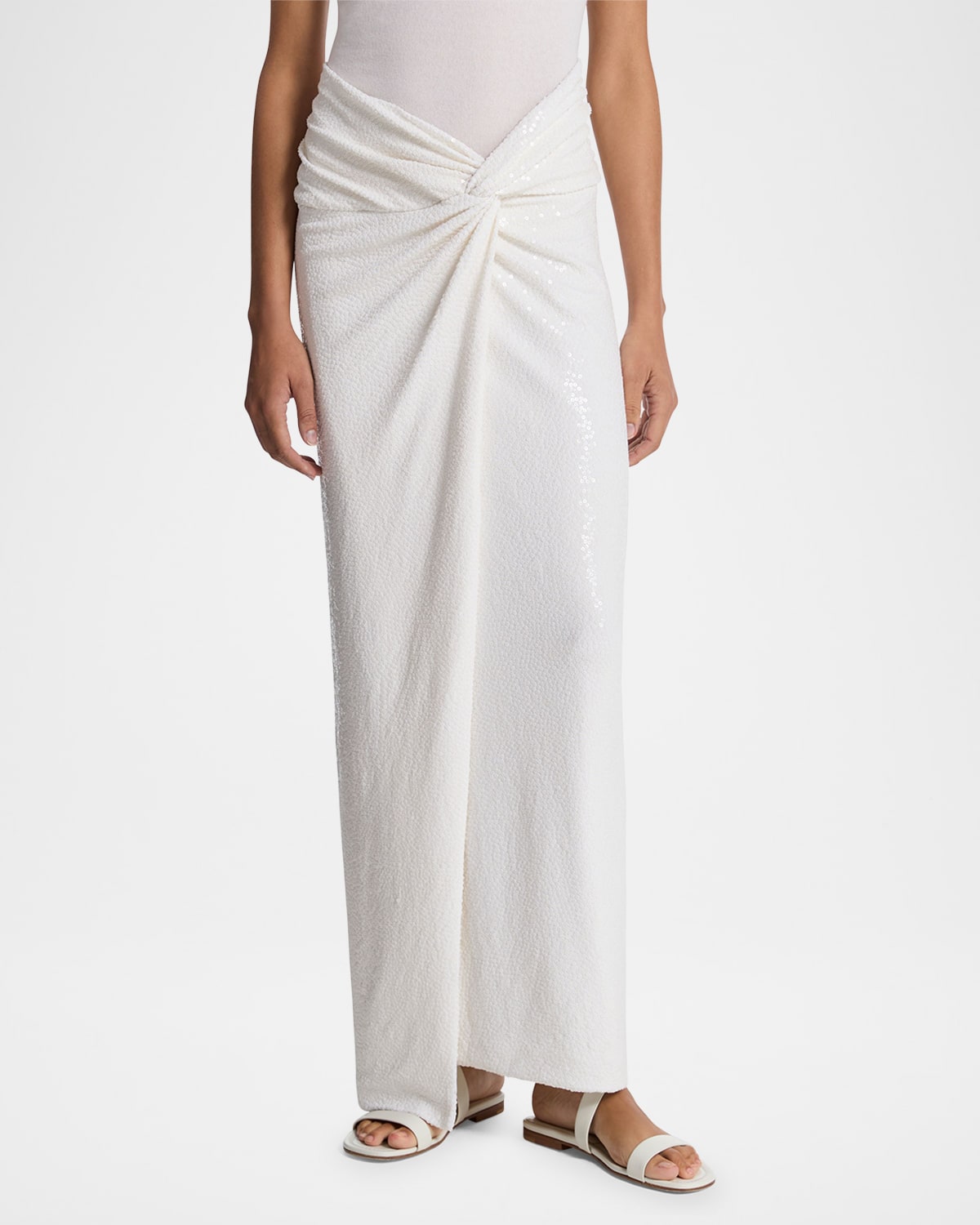 Michael Kors Sequin Embroidered Twisted Maxi Pareo Skirt In Optic Whit