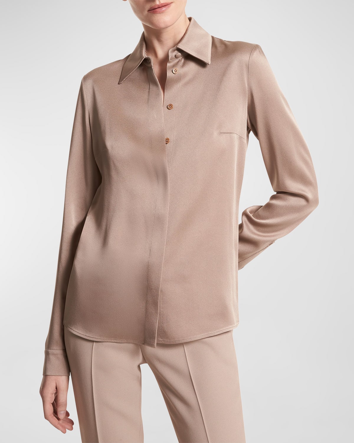 Michael Kors Hansen Charmeuse Button-front Shirt In Taupe