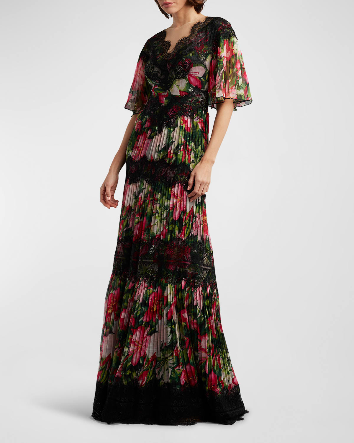 Pleated Floral-Print Lace-Trim Gown