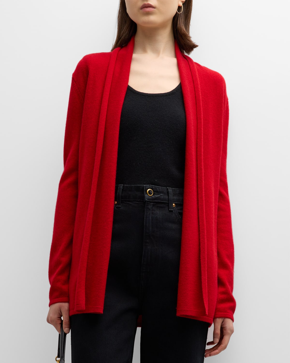 Neiman Marcus Cashmere Basic Open Cardigan In Red