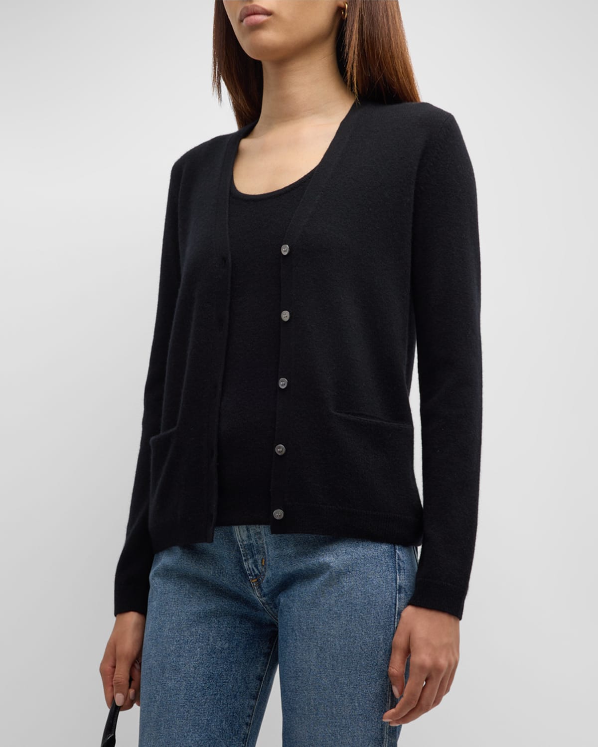 Neiman Marcus Cashmere Basic Button-front Cardigan In Black