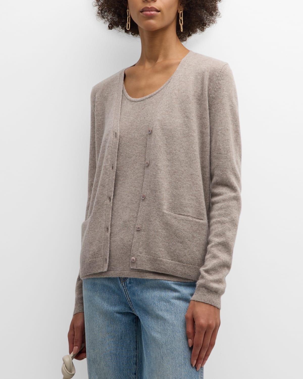 Neiman Marcus Cashmere Basic Button-front Cardigan In Cafe