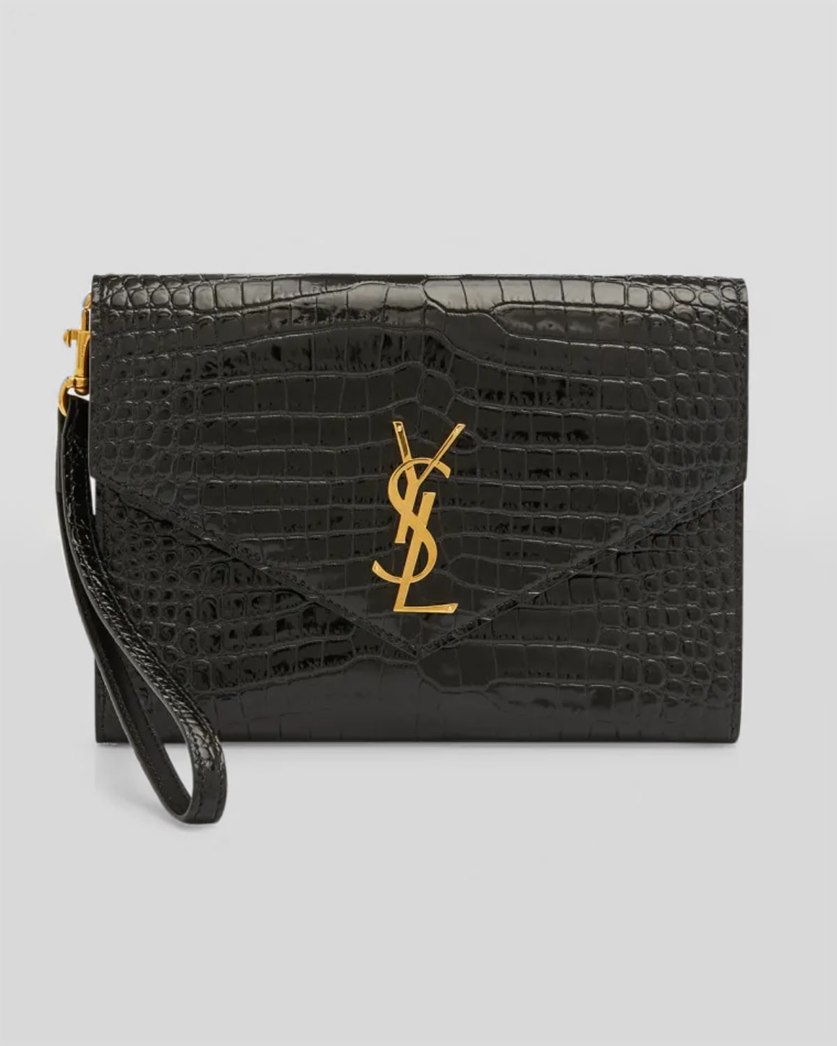 Saint Laurent YSL Shoulder Bag Croc Embossed Leather Black