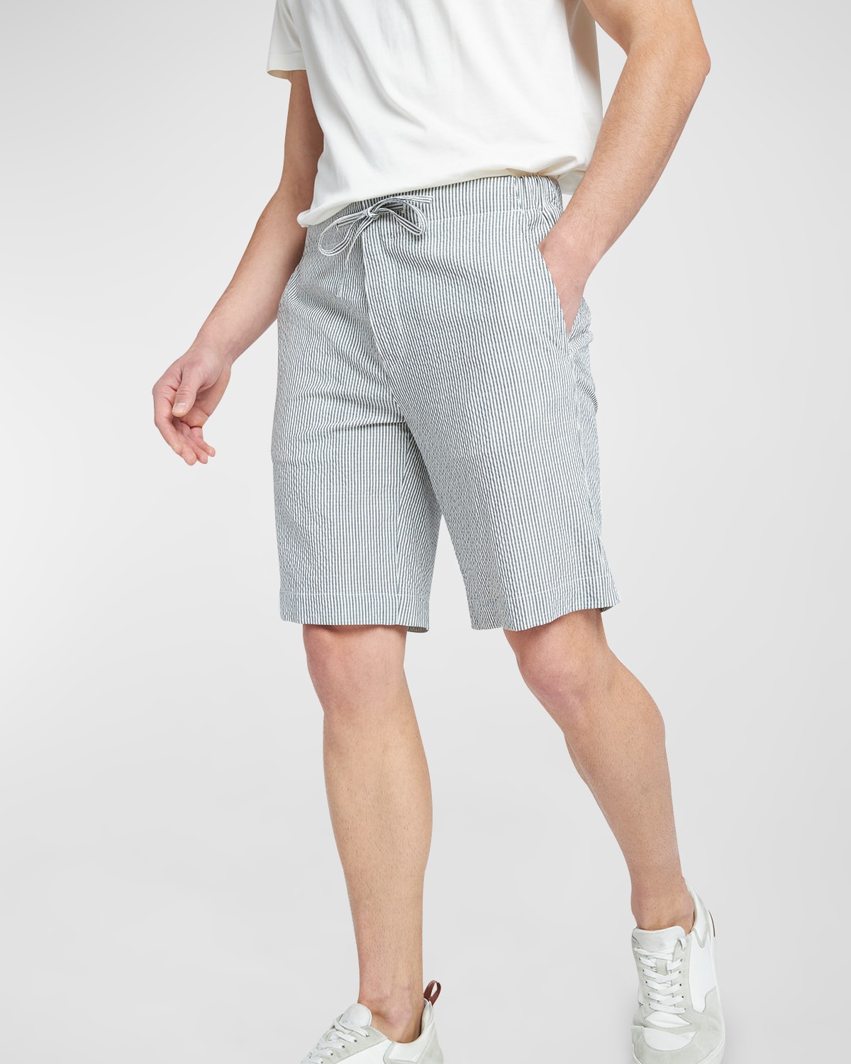 Loro Piana Coulisse Bermuda Striped Wool And Silk Blend Shorts In White Blue Stripe