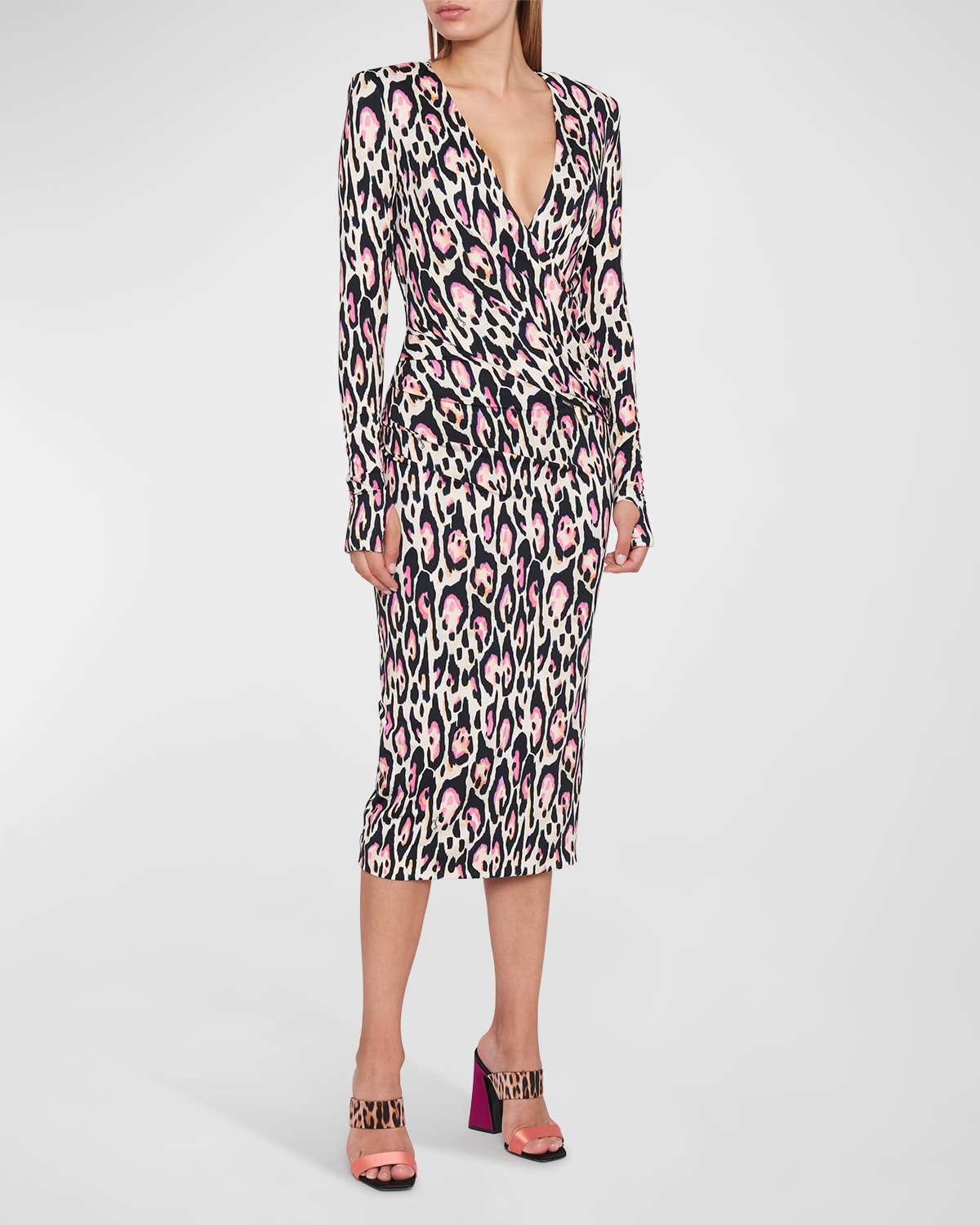 ROBERTO CAVALLI LEOPARD PRINT WRAP MIDI DRESS