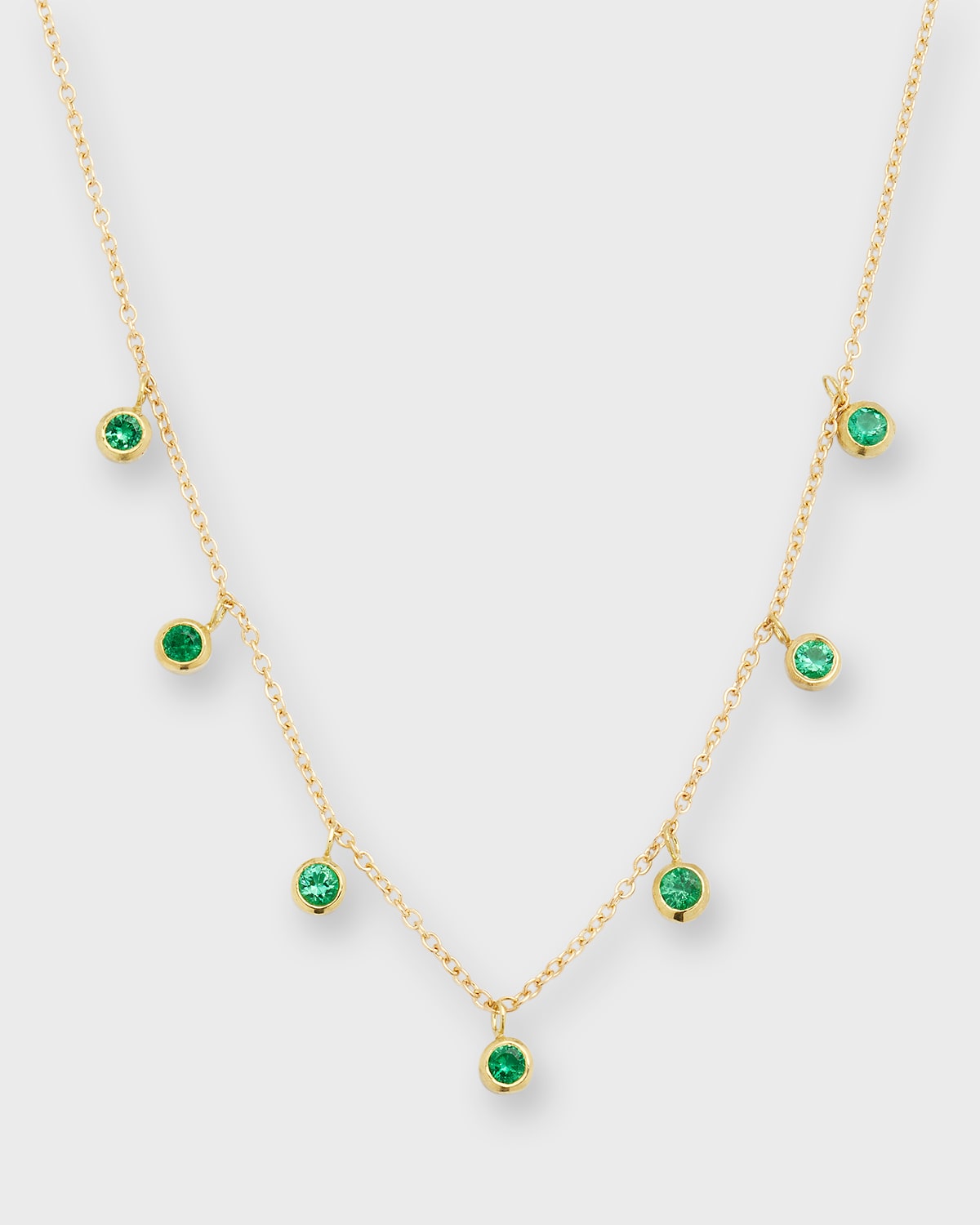 18K Yellow Gold 7 Mini Bezel Dangle Necklace with Emeralds
