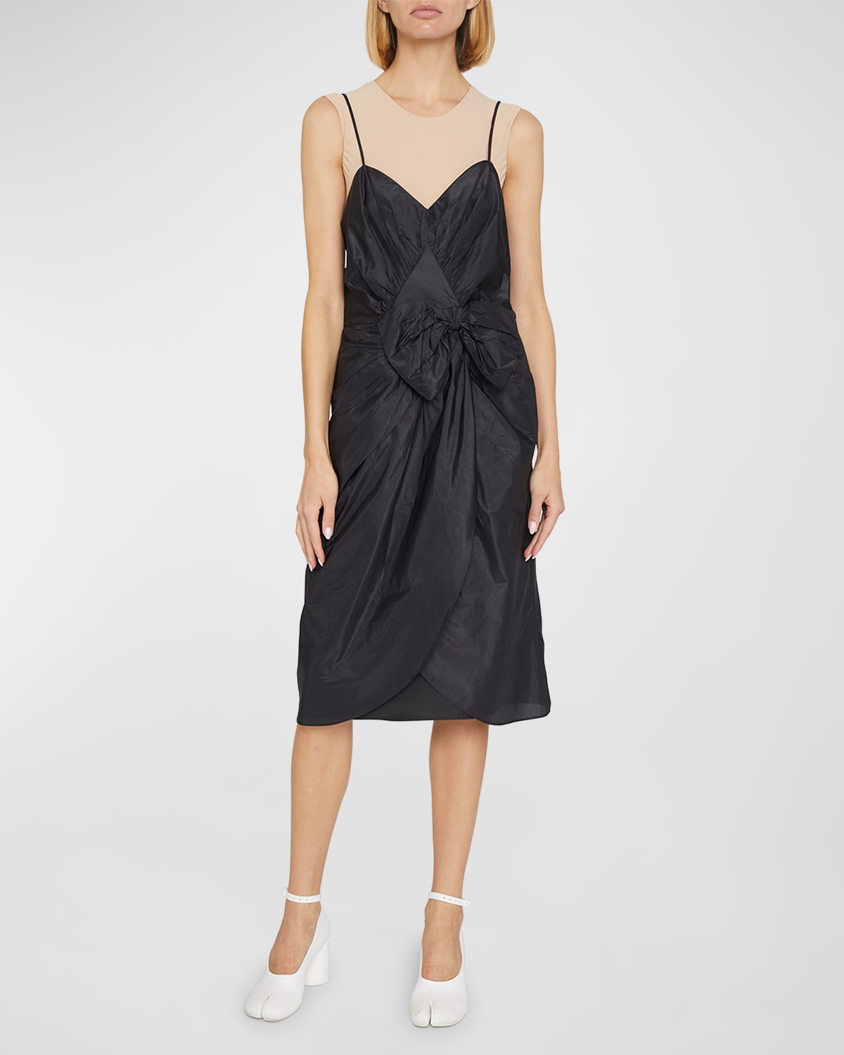 Maison Margiela Gathered Bow Silk Midi Dress In Black