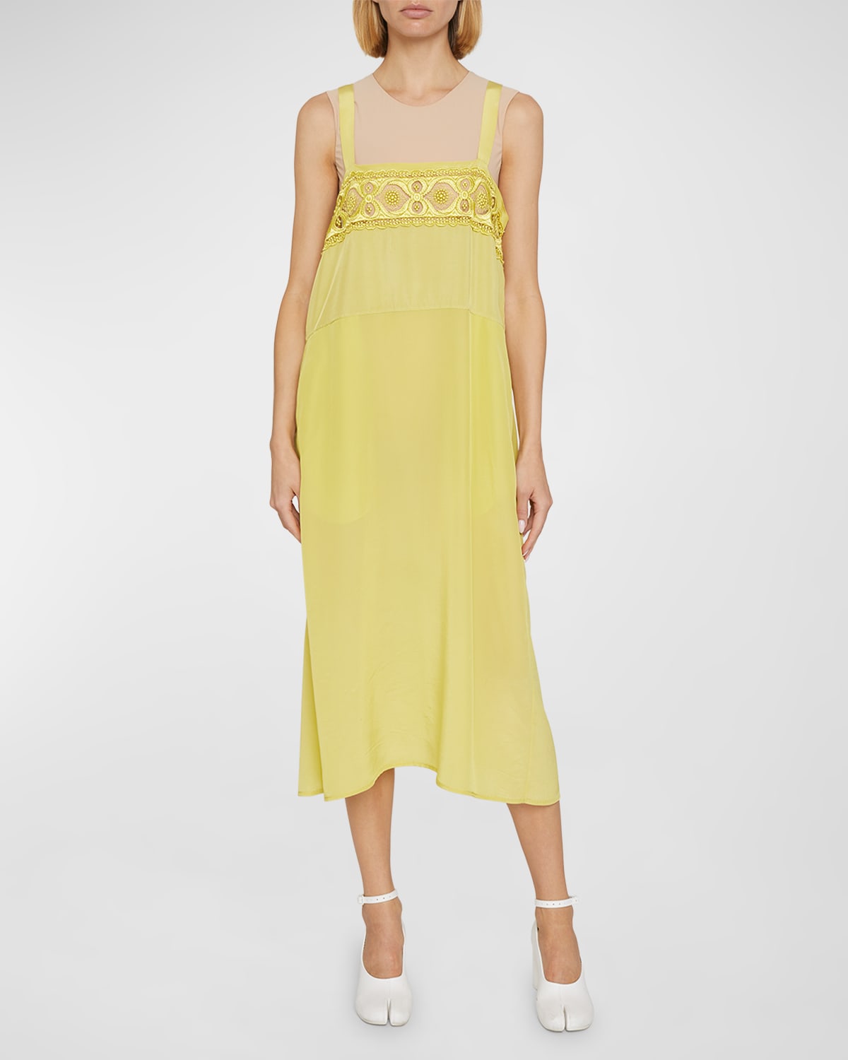 Maison Margiela Embroidered Lace Sleeveless Midi Shift Dress In Lemon/yell