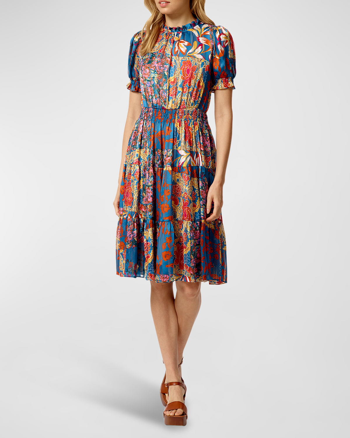 Stellah Floral Patchwork Midi Dress In Blue Combo